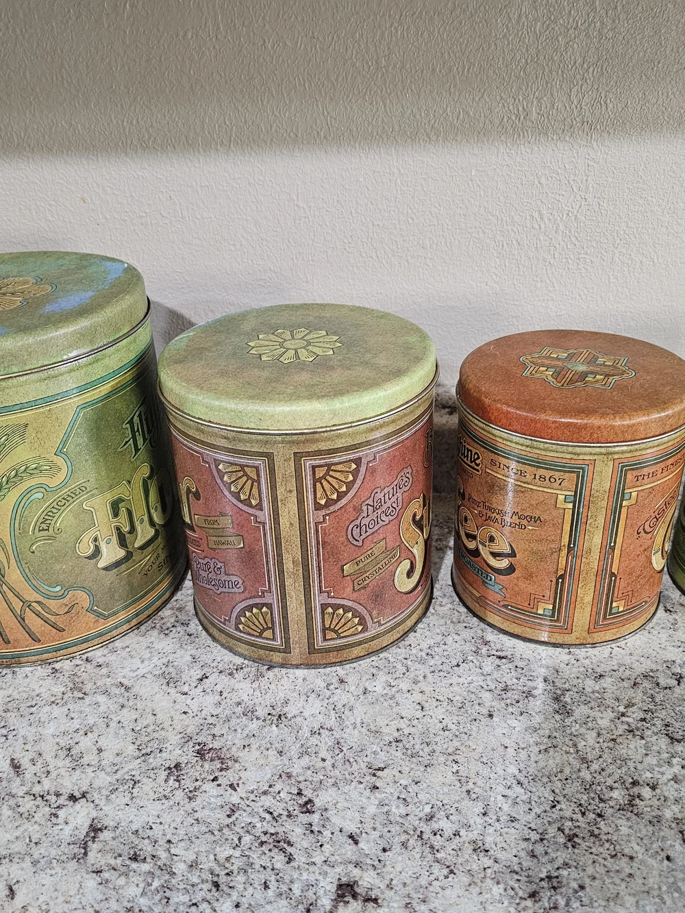 Vintage 4 Piece Ballonoff Tins Flour, Sugar, Coffee,Tea Storage Tins